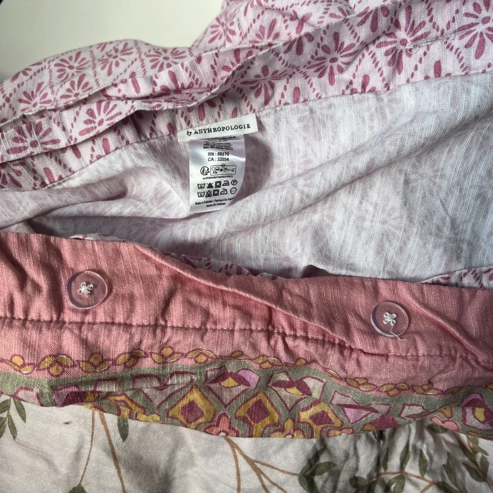 Anthropologie Priyanka Blossom Duvet Cover Queen Organic Cotton Pink Floral Bird
